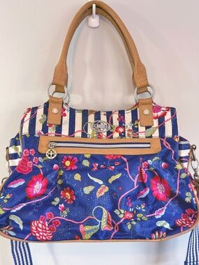 OililyBlue Floral & Striped Satchel Handbag - Vibrant Mixed Media Tote
